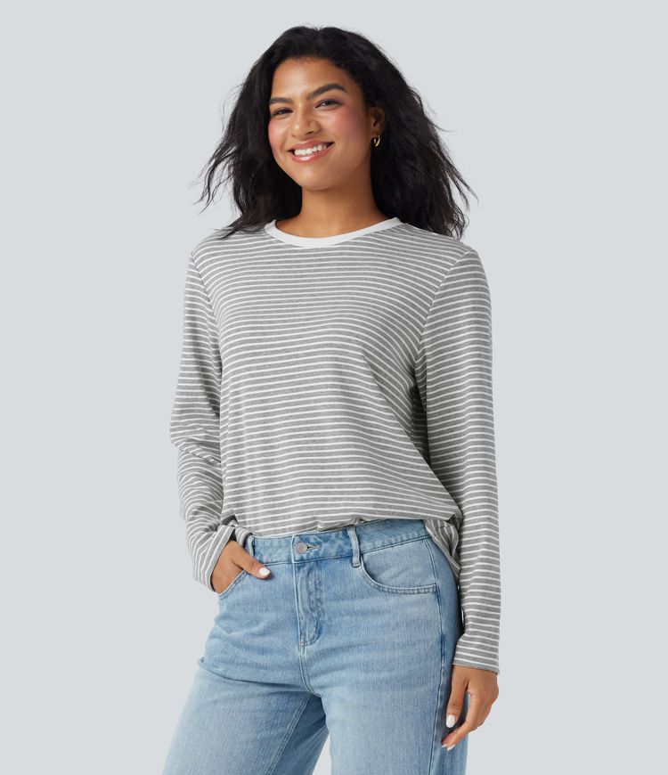 Round Neck Long Sleeve Stripes Relaxed Casual Top