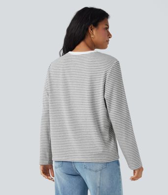 Round Neck Long Sleeve Stripes Relaxed Casual Top