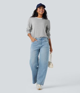 Round Neck Long Sleeve Stripes Relaxed Casual Top