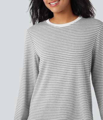 Round Neck Long Sleeve Stripes Relaxed Casual Top