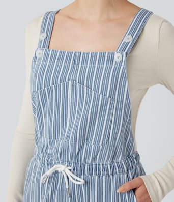 Halara Flex™ Drawstring Stripe Straight Leg Denim Casual Overalls with Pockets