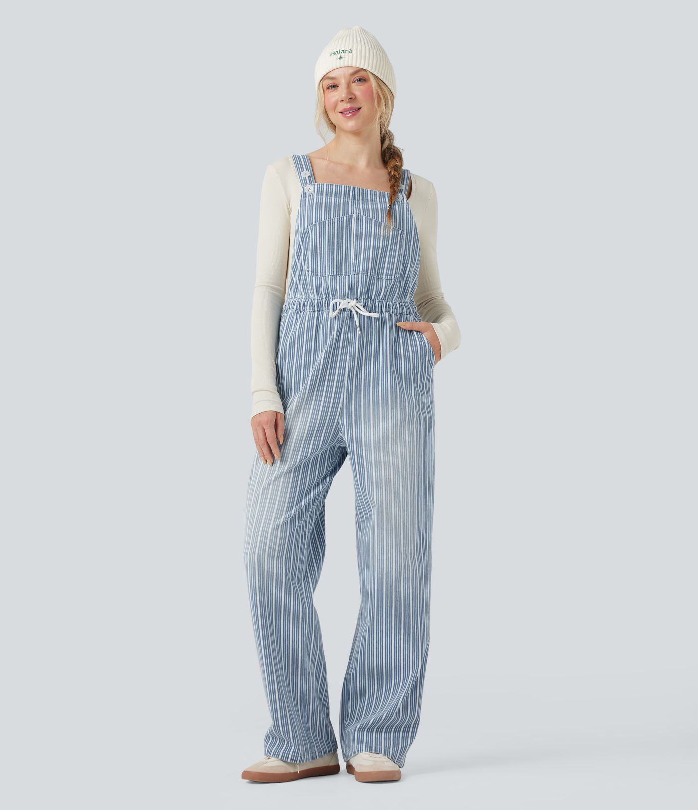 Halara Flex™ Drawstring Stripe Straight Leg Denim Casual Overalls with Pockets