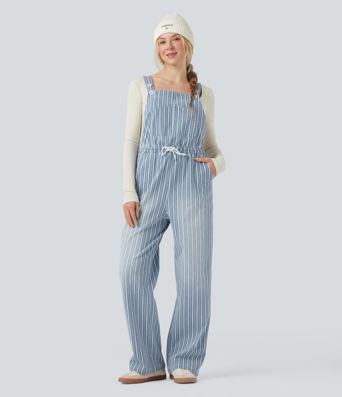 Halara Flex™ Drawstring Stripe Straight Leg Denim Casual Overalls with Pockets