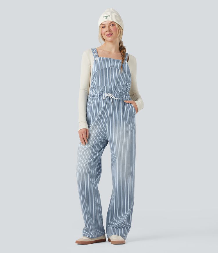 Halara Flex™ Drawstring Stripe Straight Leg Denim Casual Overalls with Pockets