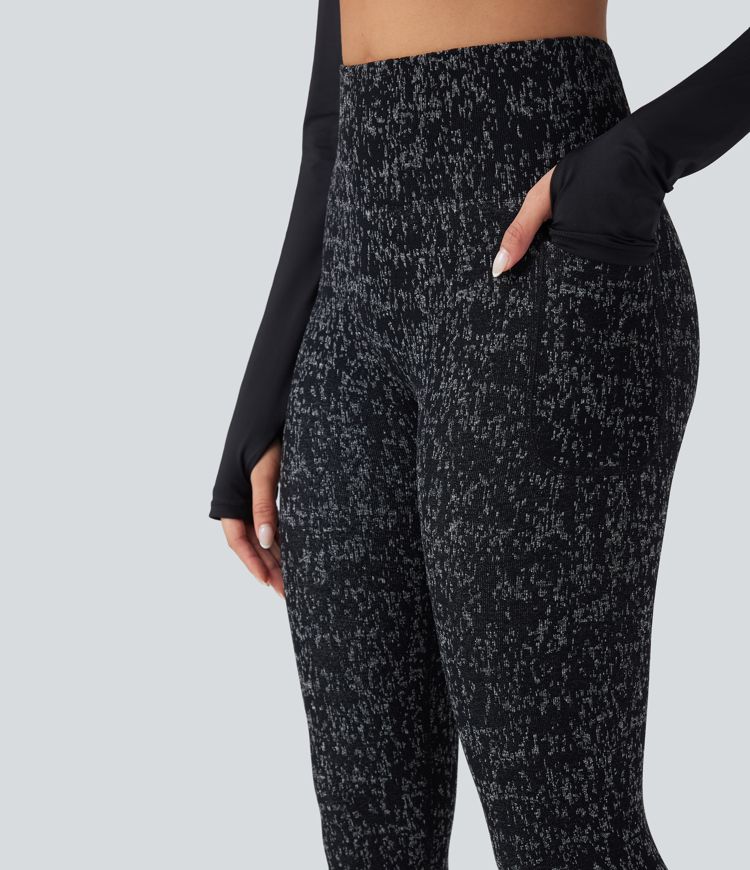 Nahtlose Fließ-Yoga-Leggings mit hoher Taille und Punktmuster, 7/8-Länge mit Taschen
