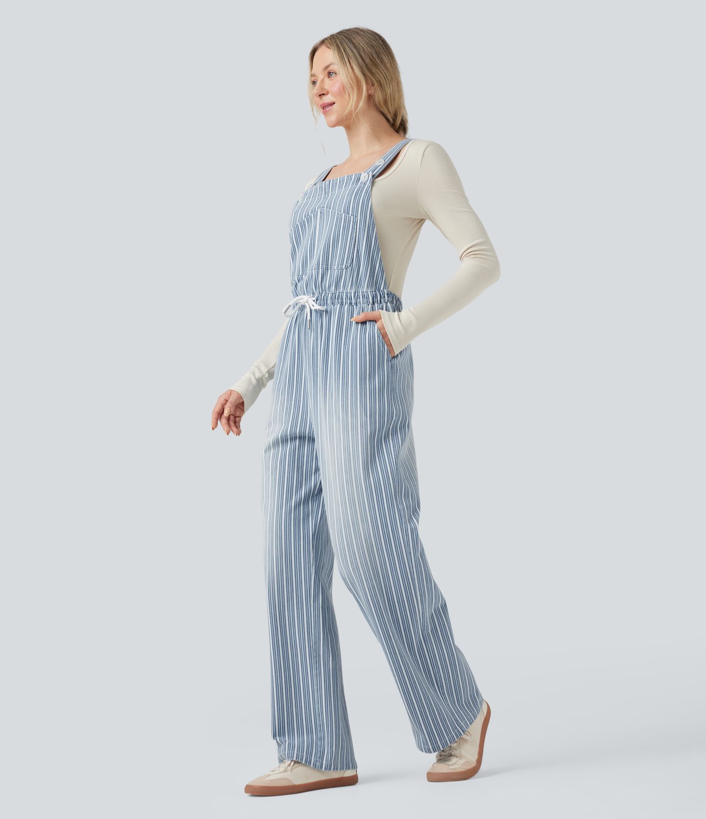 Halara Flex™ Drawstring Stripe Straight Leg Denim Casual Overalls with Pockets