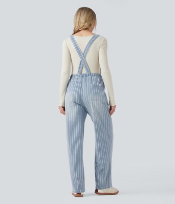Halara Flex™ Drawstring Stripe Straight Leg Denim Casual Overalls with Pockets