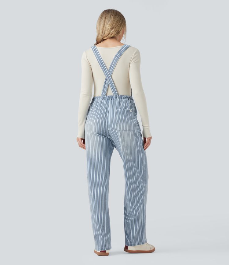 Halara Flex™ Drawstring Stripe Straight Leg Denim Casual Overalls with Pockets