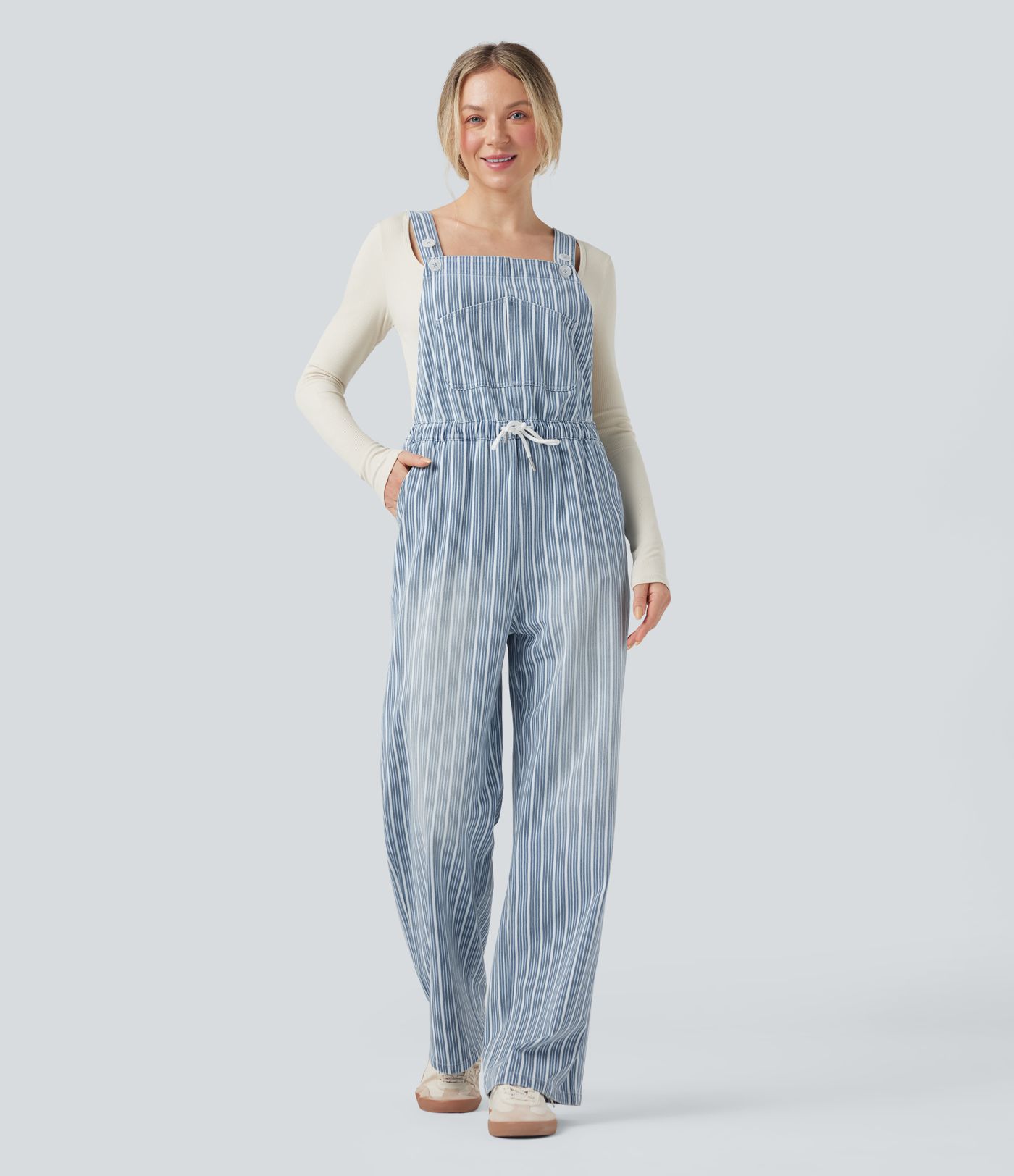 Halara Flex™ Drawstring Stripe Straight Leg Denim Casual Overalls with Pockets