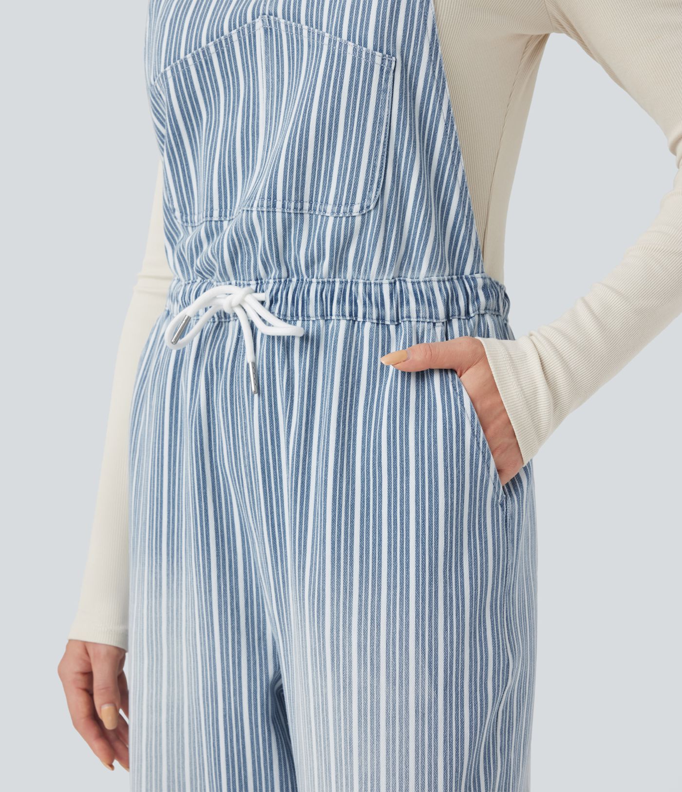 Halara Flex™ Drawstring Stripe Straight Leg Denim Casual Overalls with Pockets