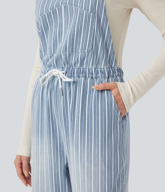 Halara Flex™ Drawstring Stripe Straight Leg Denim Casual Overalls with Pockets