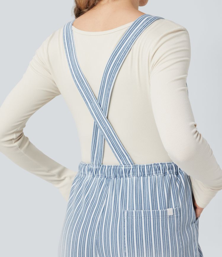 Halara Flex™ Drawstring Stripe Straight Leg Denim Casual Overalls with Pockets