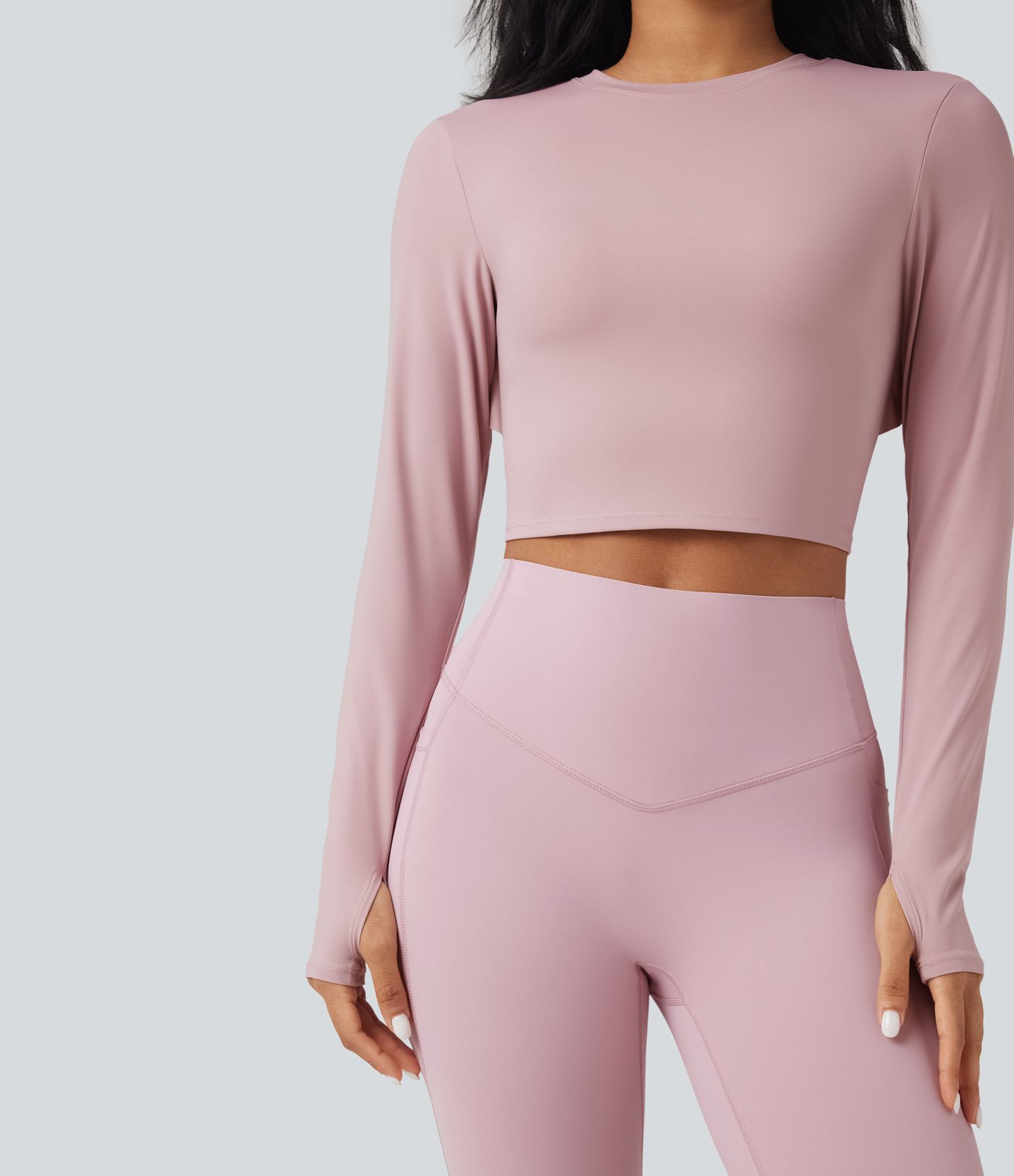 SoftlyZero™ Airy Round Neck Long Sleeve Thumb Hole Cut Out Tie Back  Cropped Yoga Sports Top