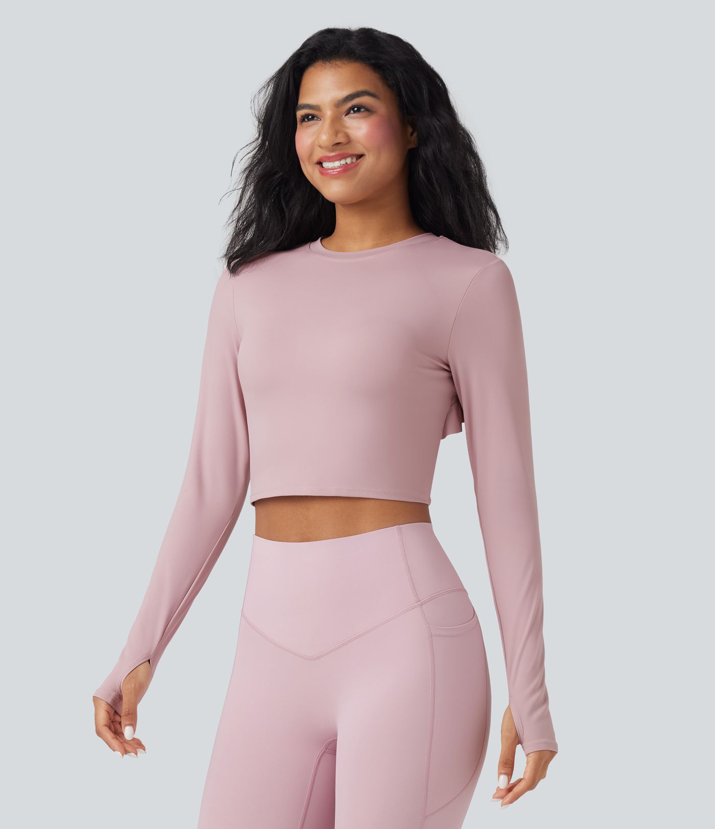 SoftlyZero™ Airy Round Neck Long Sleeve Thumb Hole Cut Out Tie Back  Cropped Yoga Sports Top