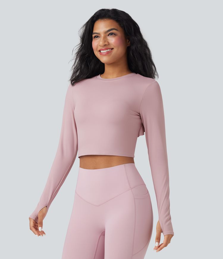 SoftlyZero™ Airy Round Neck Long Sleeve Thumb Hole Cut Out Tie Back Cool Touch Cropped Yoga Sports Top