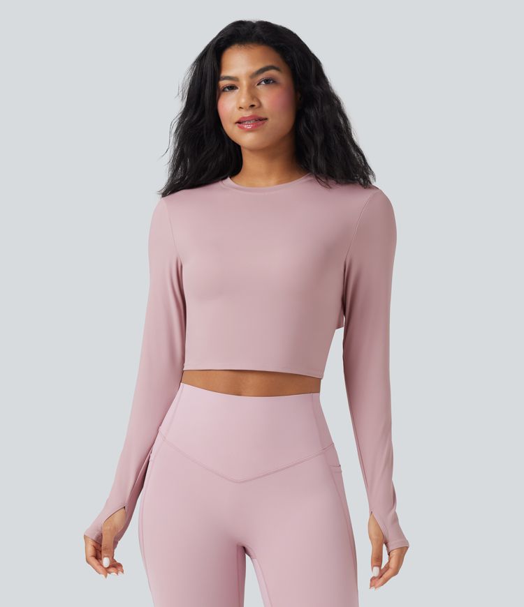 SoftlyZero™ Airy Round Neck Long Sleeve Thumb Hole Cut Out Tie Back Cool Touch Cropped Yoga Sports Top