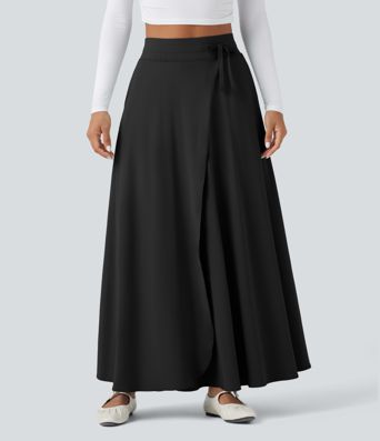 Jupe Maxi décontractée Évasée 2-in-1 à Taille Haute avec Cordon et Poches