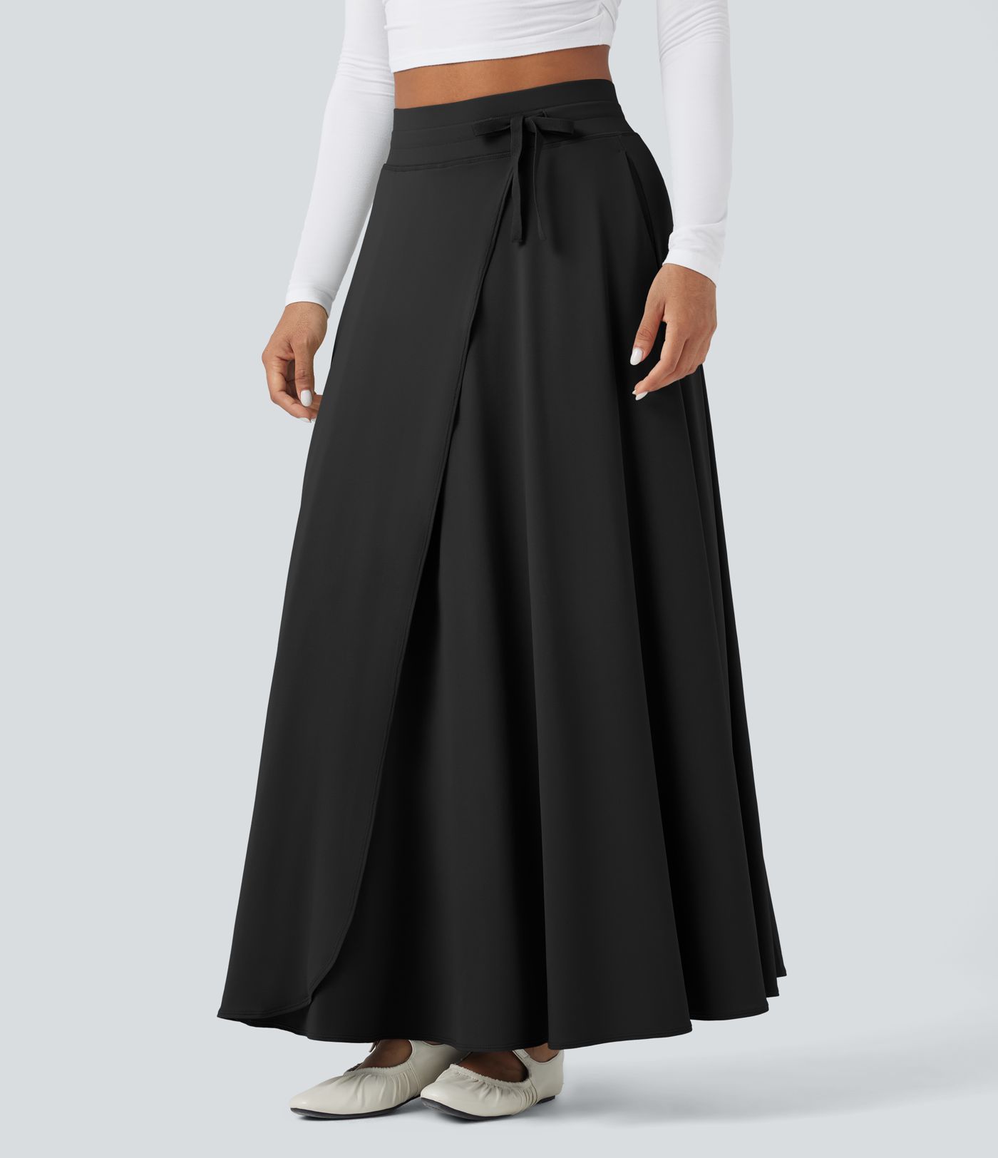 Jupe Maxi décontractée Évasée 2-in-1 à Taille Haute avec Cordon et Poches