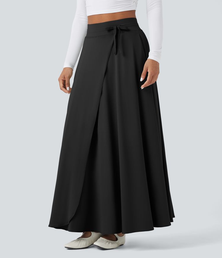 High Waisted Drawstring 2-in-1 Flowy Flare Maxi Casual Skirt with Pockets
