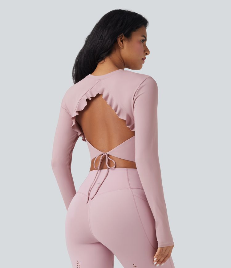 SoftlyZero™ Airy Round Neck Long Sleeve Thumb Hole Cut Out Tie Back Cool Touch Cropped Yoga Sports Top