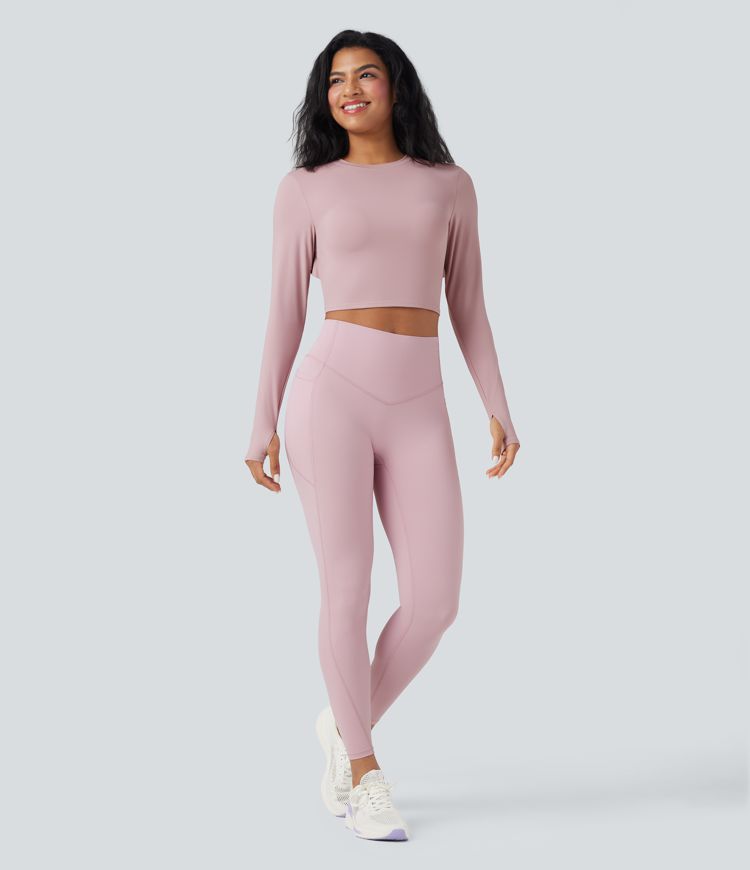 SoftlyZero™ Airy Round Neck Long Sleeve Thumb Hole Cut Out Tie Back  Cropped Yoga Sports Top