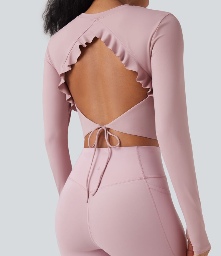 SoftlyZero™ Airy Round Neck Long Sleeve Thumb Hole Cut Out Tie Back  Cropped Yoga Sports Top
