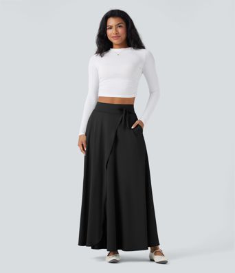 Jupe Maxi décontractée Évasée 2-in-1 à Taille Haute avec Cordon et Poches