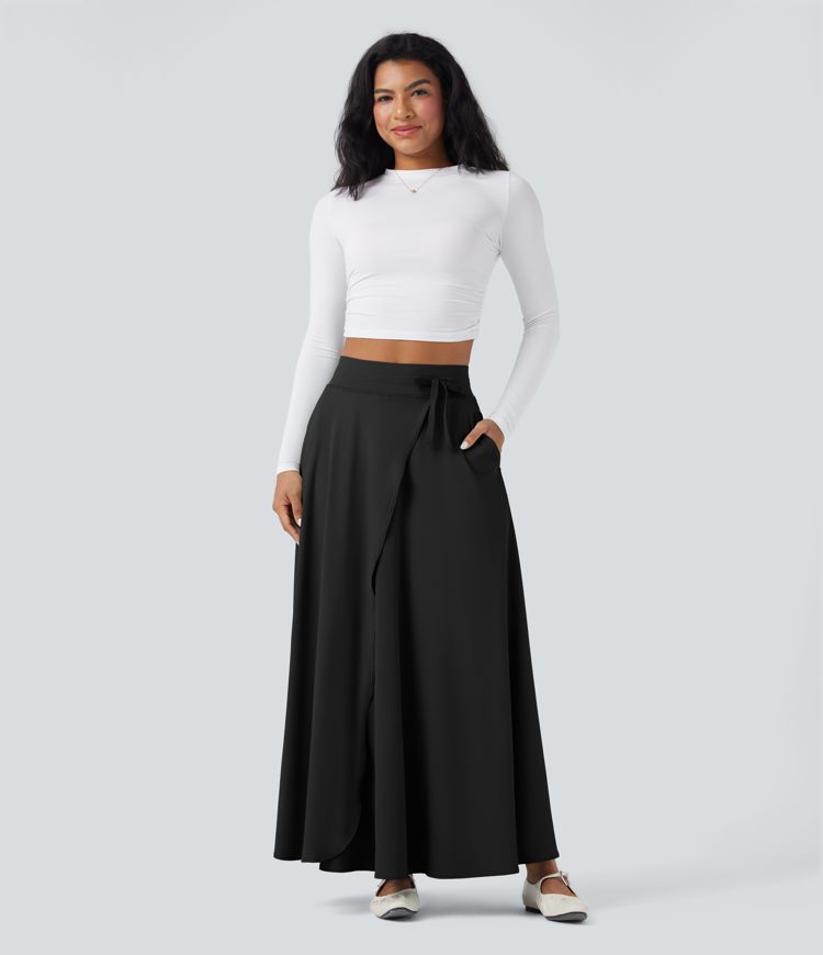 Jupe Maxi décontractée Évasée 2-in-1 à Taille Haute avec Cordon et Poches