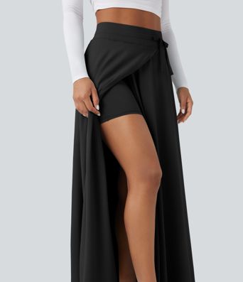 Jupe Maxi décontractée Évasée 2-in-1 à Taille Haute avec Cordon et Poches