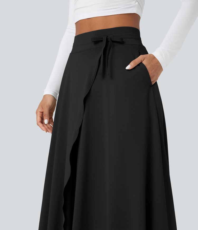 Jupe Maxi décontractée Évasée 2-in-1 à Taille Haute avec Cordon et Poches