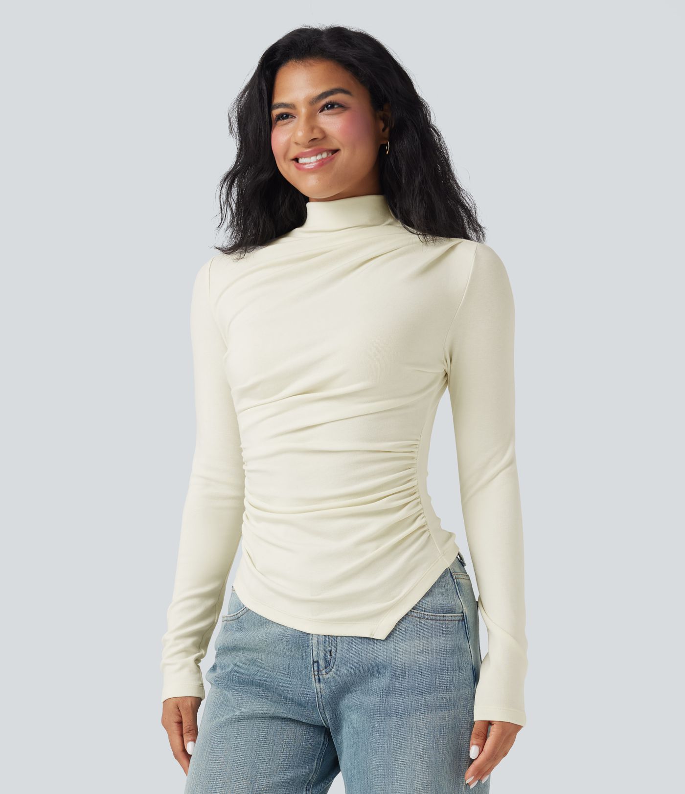 Haut thermique col montant manches longues froncé à ourlet asymétrique