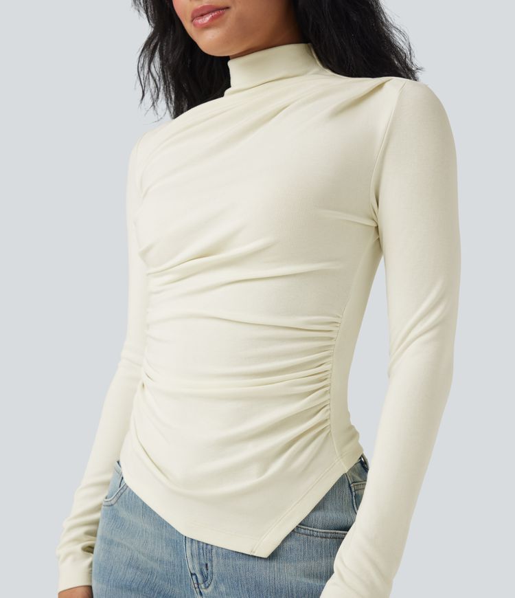 Haut thermique col montant manches longues froncé à ourlet asymétrique