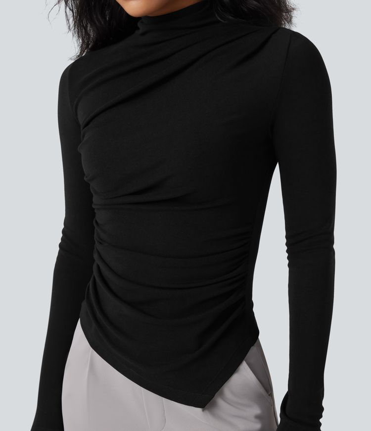 Top casual térmico de cuello alto de manga larga con dobladillo asimétrico fruncido