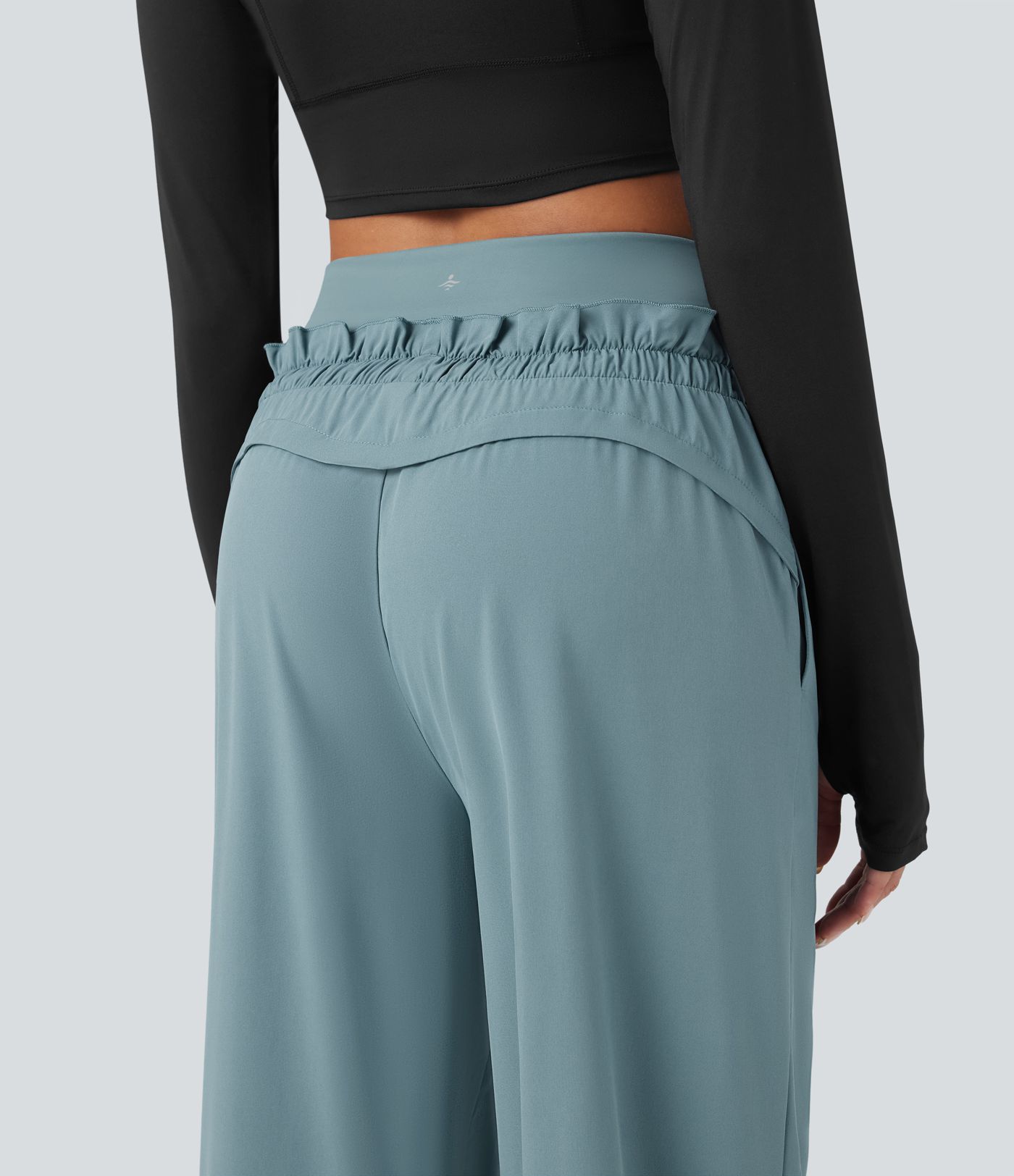 Breezeful™ High Waisted Drawstring Lettuce Trim Cinchable Hem Quick Dry Workout Baggy Trousers with Pockets