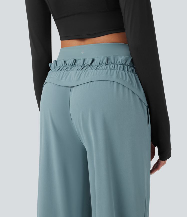 Breezeful™ High Waisted Drawstring Lettuce Trim Cinchable Hem Quick Dry Workout Baggy Trousers with Pockets