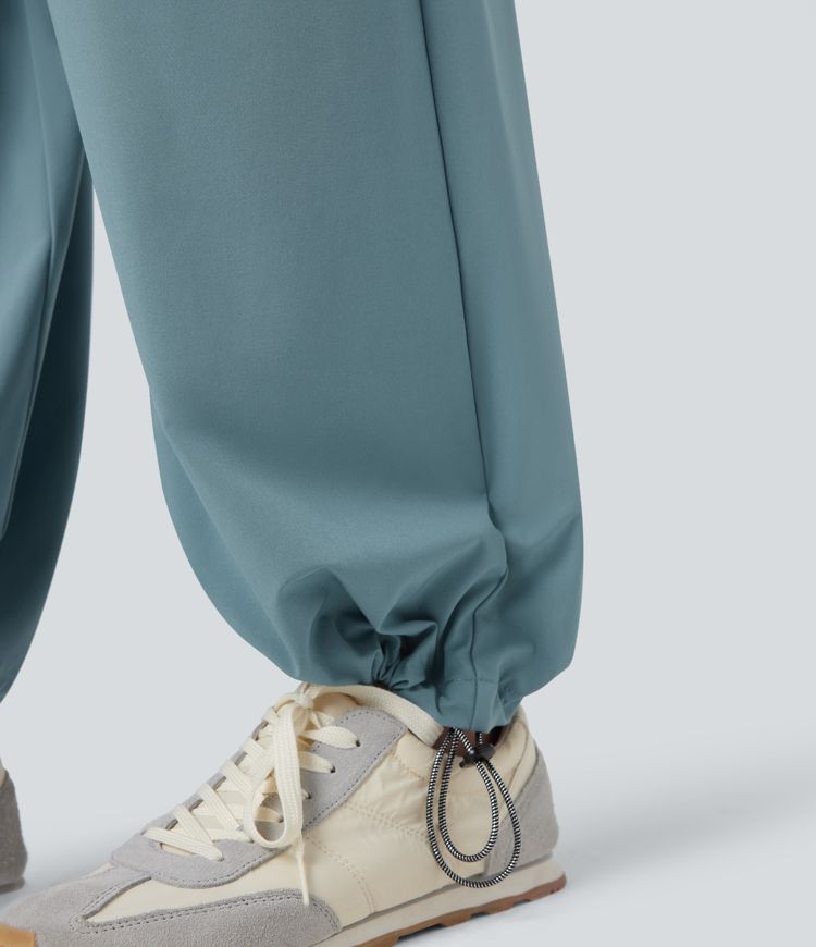 Breezeful™ High Waisted Drawstring Lettuce Trim Cinchable Hem Quick Dry Workout Baggy Trousers with Pockets