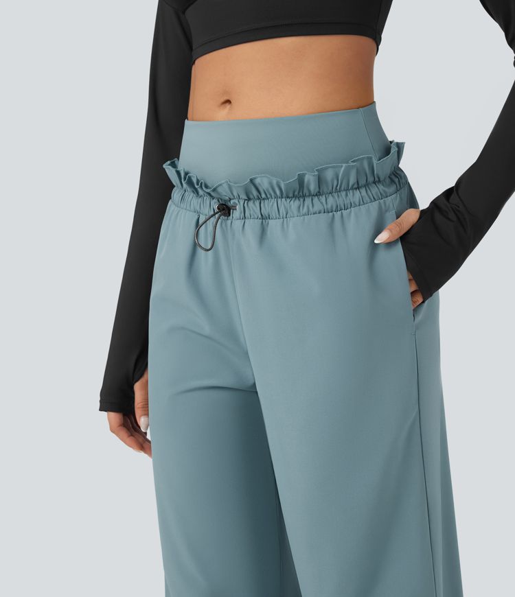Breezeful™ High Waisted Drawstring Lettuce Trim Cinchable Hem Quick Dry Workout Baggy Trousers with Pockets
