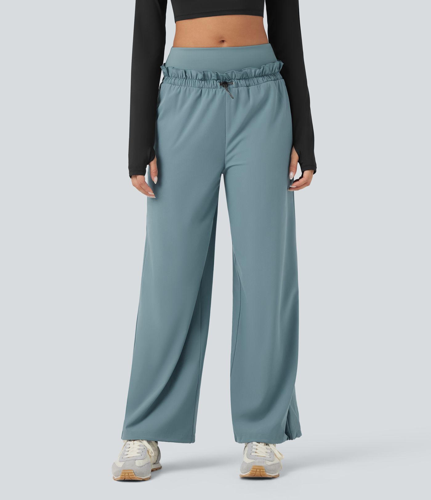 Breezeful™ High Waisted Drawstring Lettuce Trim Cinchable Hem Quick Dry Workout Baggy Trousers with Pockets