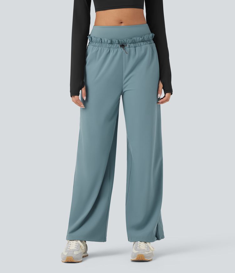 Breezeful™ High Waisted Drawstring Lettuce Trim Cinchable Hem Quick Dry Workout Baggy Trousers with Pockets