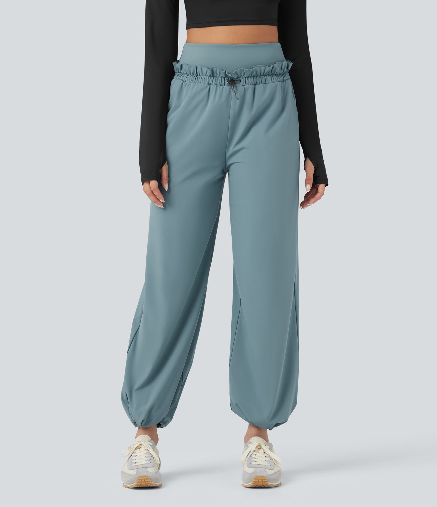 Breezeful™ High Waisted Drawstring Lettuce Trim Cinchable Hem Quick Dry Workout Baggy Trousers with Pockets