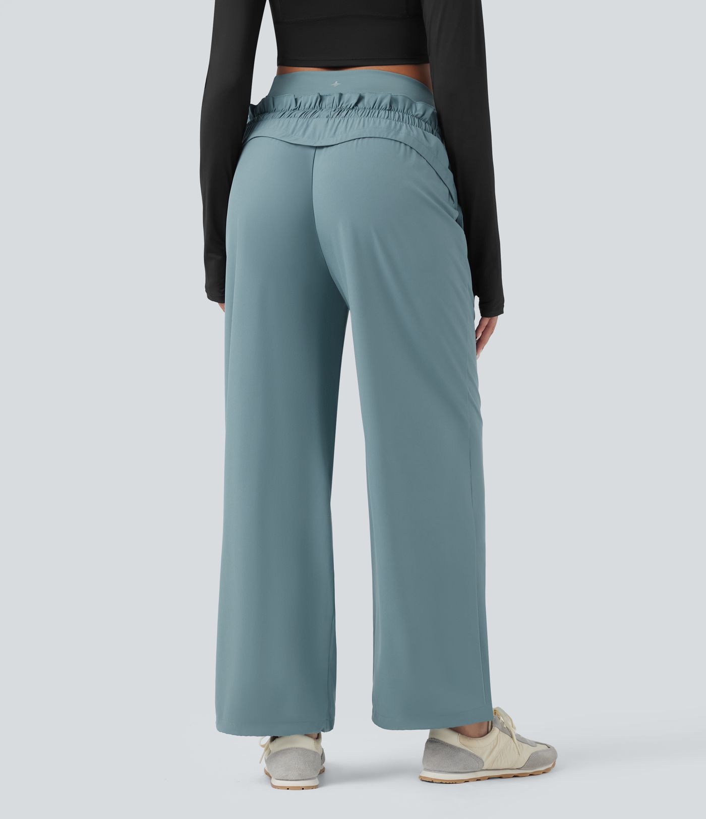 Breezeful™ High Waisted Drawstring Lettuce Trim Cinchable Hem Quick Dry Workout Baggy Trousers with Pockets