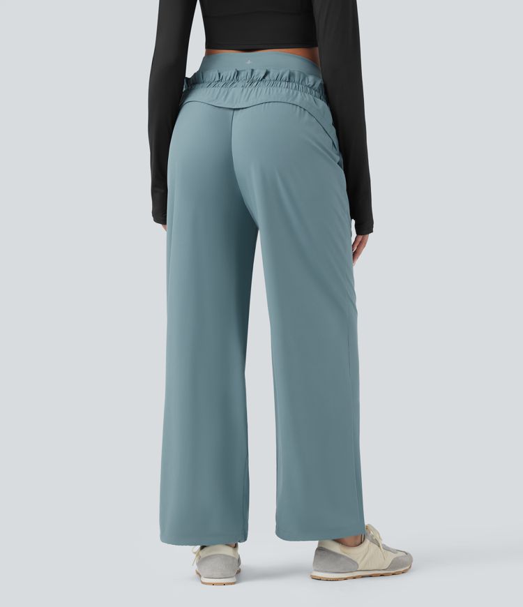 Breezeful™ High Waisted Drawstring Lettuce Trim Cinchable Hem Quick Dry Workout Baggy Trousers with Pockets