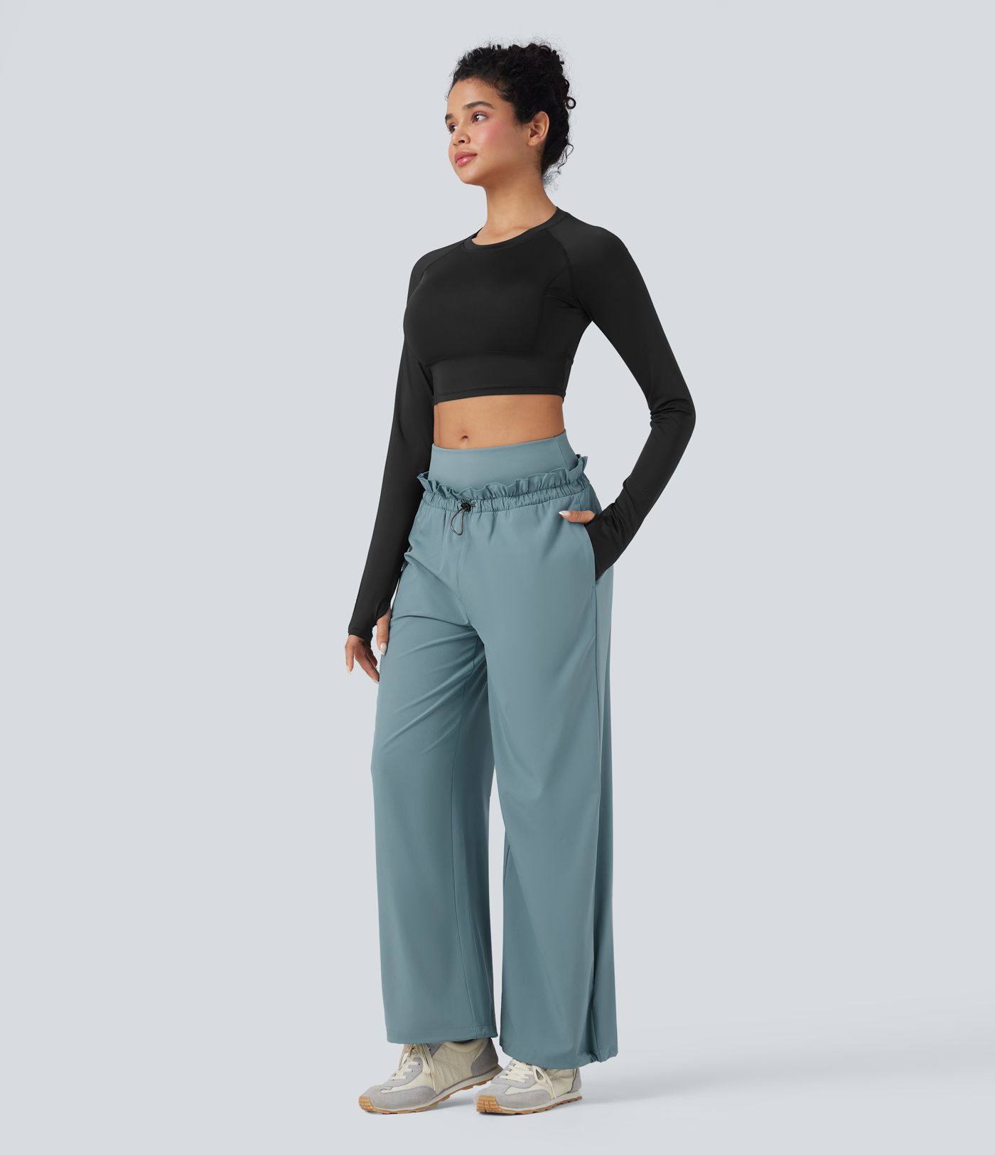 Breezeful™ High Waisted Drawstring Lettuce Trim Cinchable Hem Quick Dry Workout Baggy Trousers with Pockets