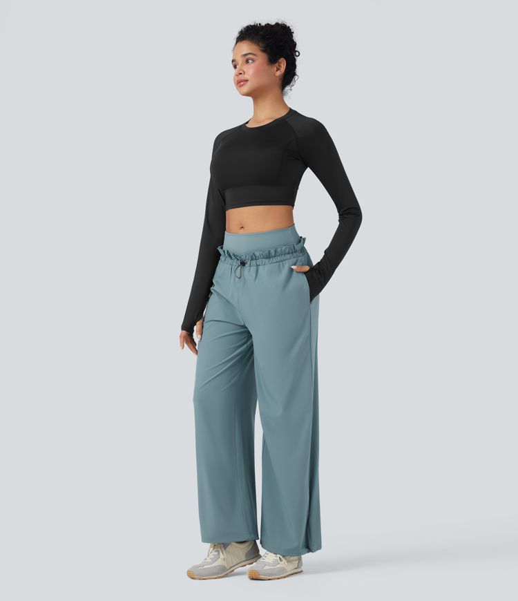 Breezeful™ High Waisted Drawstring Lettuce Trim Cinchable Hem Quick Dry Workout Baggy Trousers with Pockets