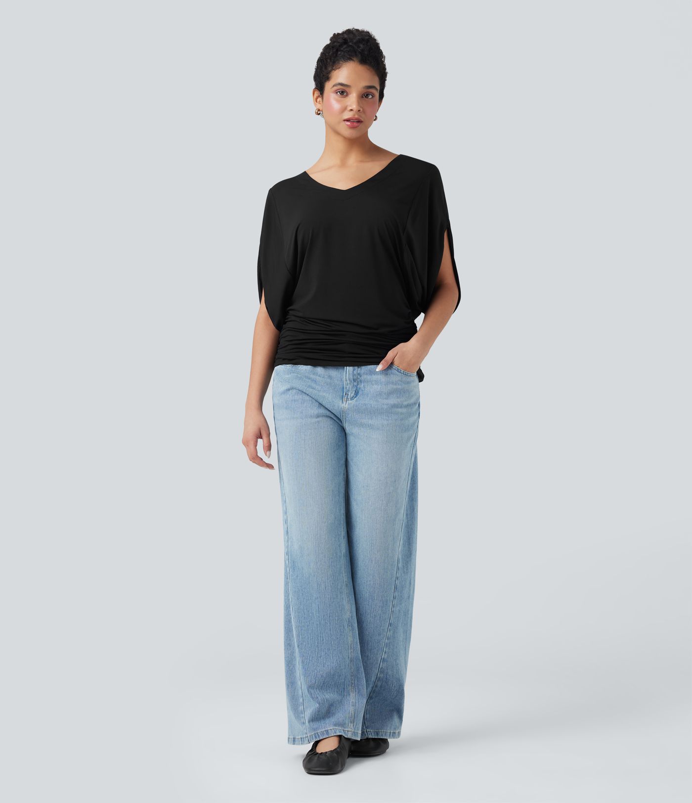 Deep V-neck Batwing Sleeve Ruched Casual Top