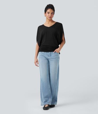 Deep V-neck Batwing Sleeve Ruched Casual Top