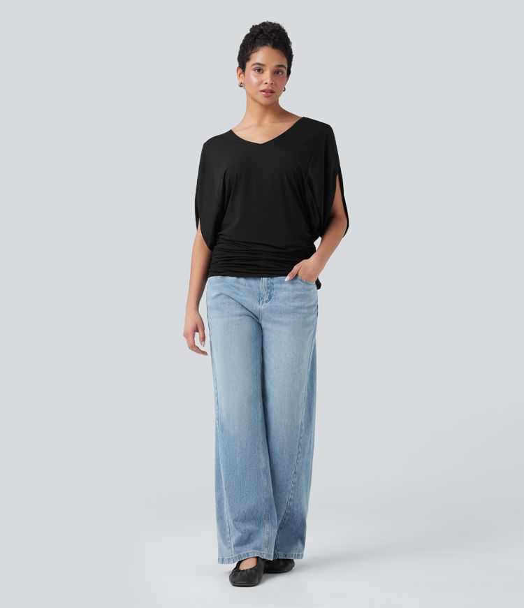 Deep V-neck Batwing Sleeve Ruched Casual Top