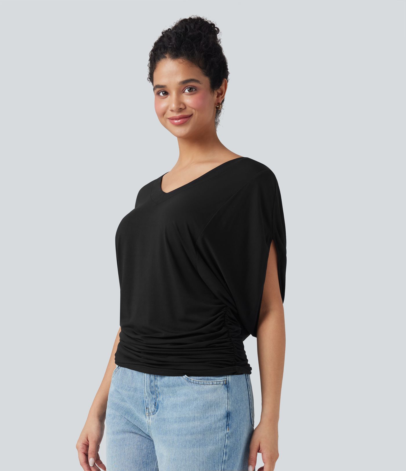 Deep V-neck Batwing Sleeve Ruched Casual Top
