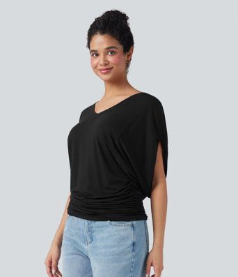 Deep V-neck Batwing Sleeve Ruched Casual Top