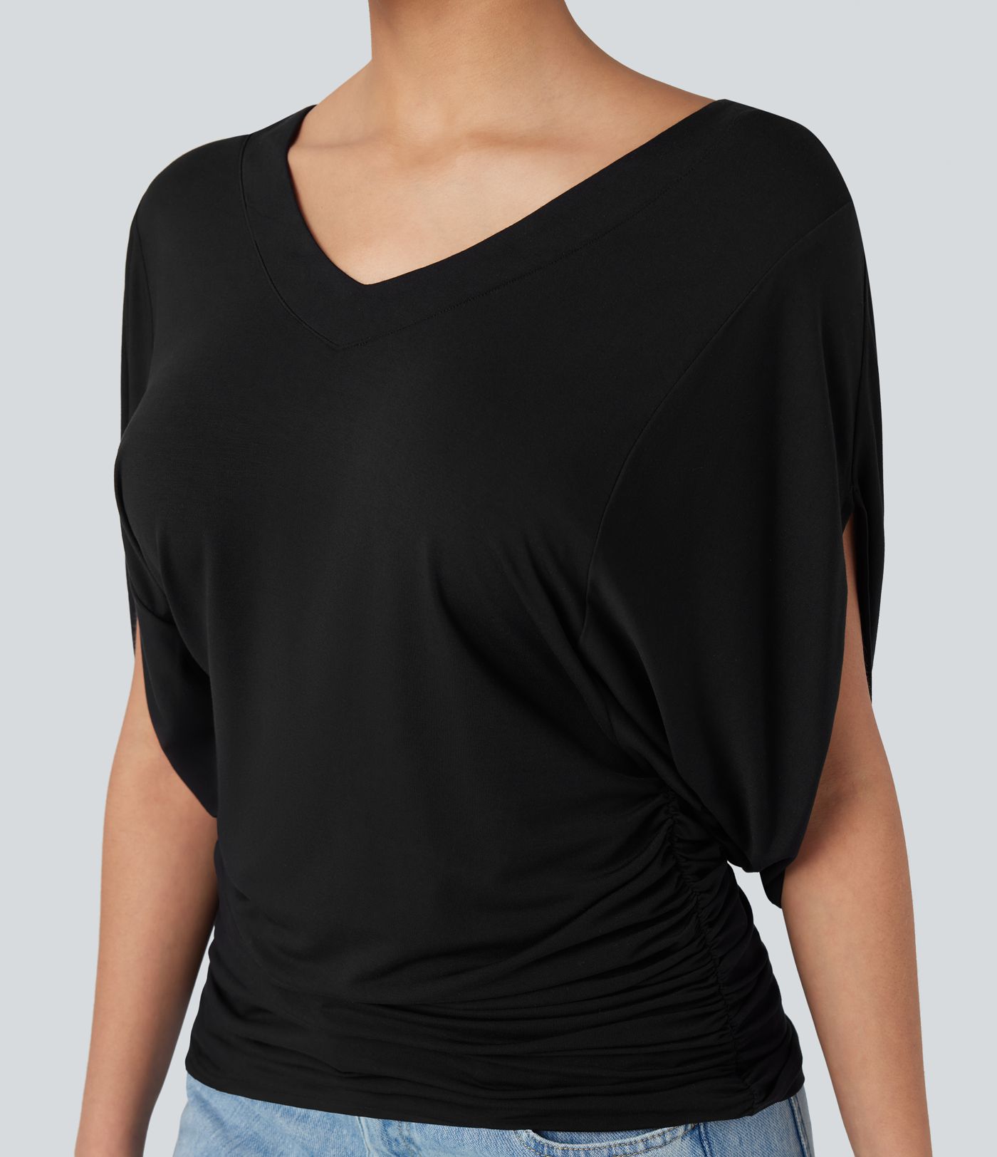 Deep V-neck Batwing Sleeve Ruched Casual Top
